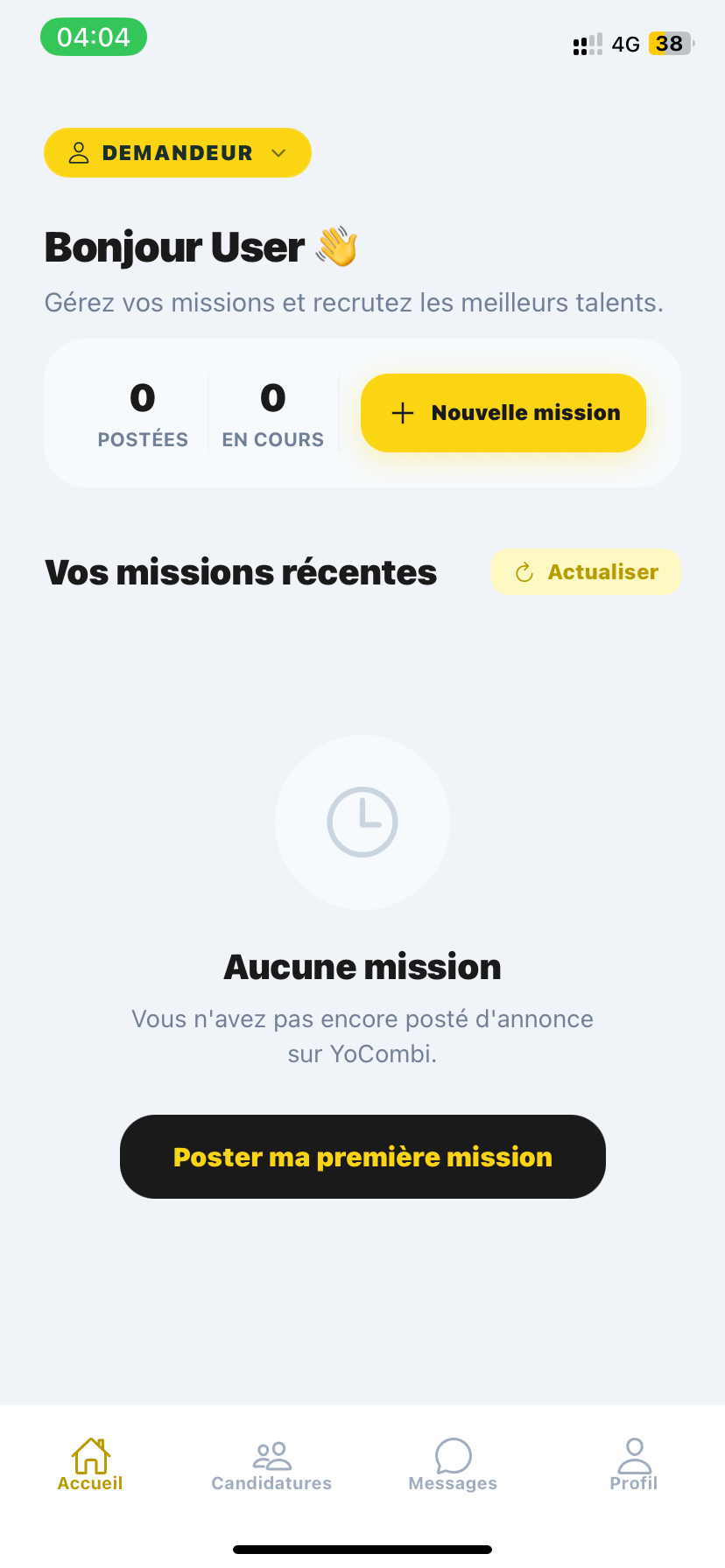YoCombi mode Demandeur : tableau de bord des missions postées